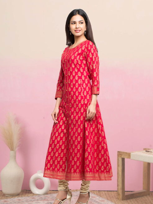 Fashion Plus Store Women's Cotton Calf Length 3/4th Sleeve Round Neck Floral Printed Anarkali Kurta with Dupatta