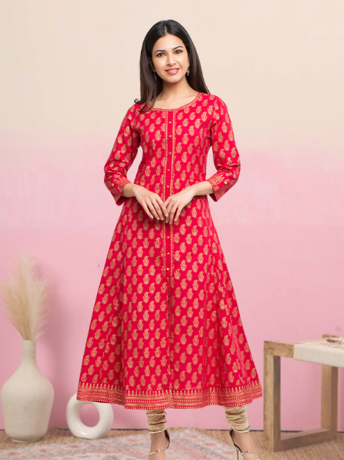 Fashion Plus Store Women's Cotton Calf Length 3/4th Sleeve Round Neck Floral Printed Anarkali Kurta with Dupatta