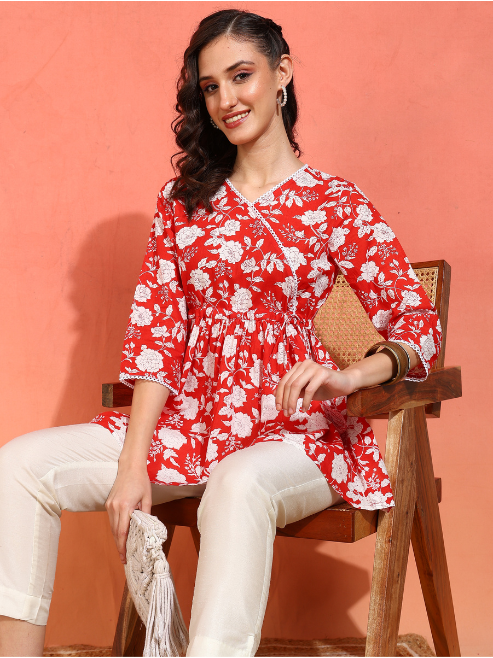 Fashion Plus Store Women's Cotton Floral Printed 3/4th Sleeve V-neck Mid Thigh Length Lace Work Peplum Style Short Kurti