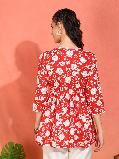 Fashion Plus Store Women's Cotton Floral Printed 3/4th Sleeve V-neck Mid Thigh Length Lace Work Peplum Style Short Kurti