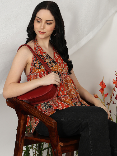 Yash Gallery Women’s Blue Cambric Cotton Printed Halter Neck Sleeveless Top