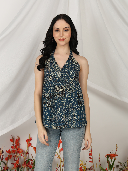 Yash Gallery Women’s Blue Cambric Cotton Printed Halter Neck Sleeveless Top