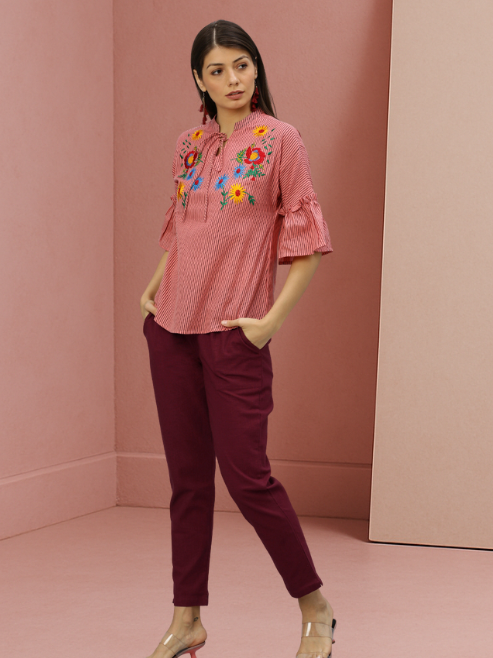 Cotton Slub Solid Regular Fit Casual Trouser Pants (MAROON)