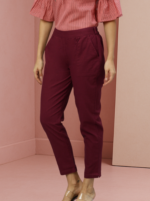 Cotton Slub Solid Regular Fit Casual Trouser Pants