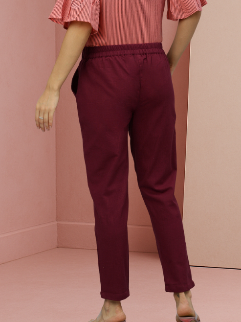 Cotton Slub Solid Regular Fit Casual Trouser Pants (MAROON)