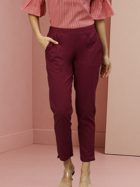 Cotton Slub Solid Regular Fit Casual Trouser Pants (MAROON)