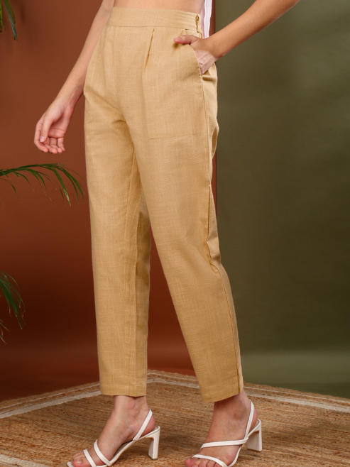 Cotton Slub Solid Regular Fit Casual Trouser Pants