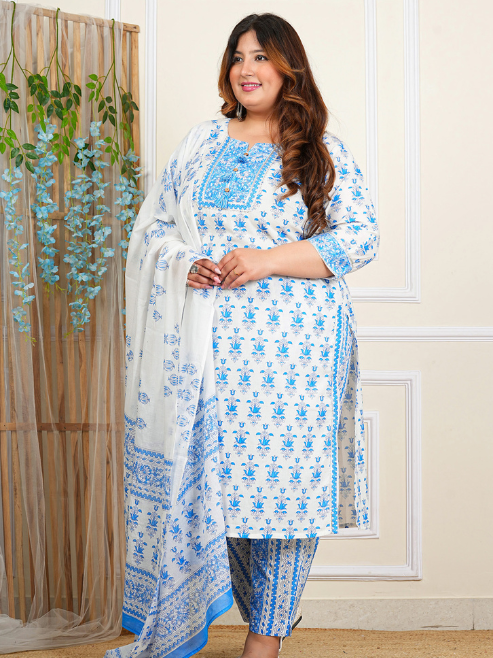 Fashion Plus Store Women's Plus Size Cotton Calf Length Notch Neck 3/4 Sleeves Floral Print Straight Kurta with Pant and Dupatta