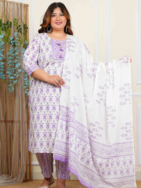 Fashion Plus Store Women's Plus Size Cotton Calf Length Notch Neck 3/4 Sleeves Floral Print Straight Kurta with Pant and Dupatta