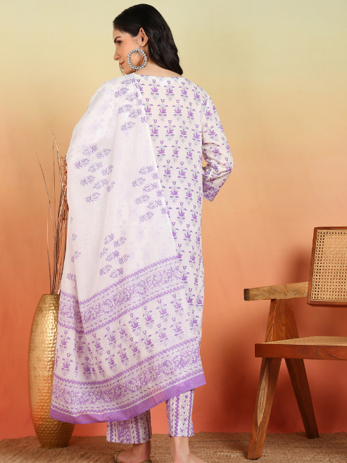 Fashion Plus Store Women's Plus Size Cotton Calf Length Notch Neck 3/4 Sleeves Floral Print Straight Kurta with Pant and Dupatta