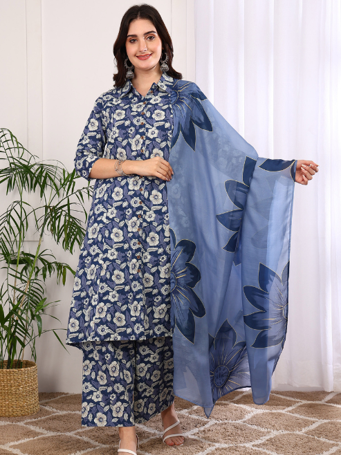 Fashion Plus Store Women's Printed Cotton Calf Length Mandarin Collar 3/4TH Sleeve Straight Kurta Pant And Duptta