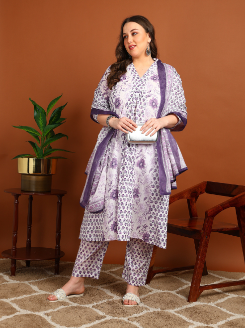 Fashion Plus Store Women's Cotton Calf Length 3/4th Sleeve V-Neck Floral Printed Anarkali Kurta with Printed Pant & Dupatta