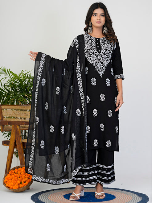 Fashion Plus Store Women’s Rayon Chikankari-Style Printed 3-Piece Kurta Set with Dupatta & Pant | Straight Fit Ethnic Wear