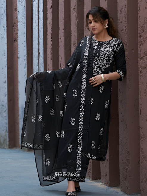 Fashion Plus Store Women’s Rayon Kurta Printed Chikankari Motifs with Dupatta and Plazzo , Round Neck, 3/4 Sleeves (Black)