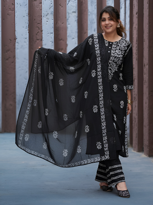 Fashion Plus Store Women’s Rayon Kurta Printed Chikankari Motifs with Dupatta and Plazzo , Round Neck, 3/4 Sleeves (Black)