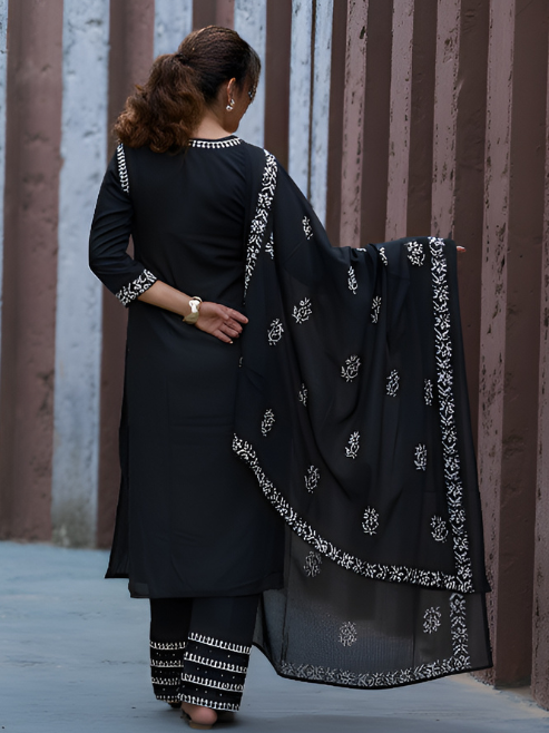 Fashion Plus Store Women’s Rayon Kurta Printed Chikankari Motifs with Dupatta and Plazzo , Round Neck, 3/4 Sleeves (Black)