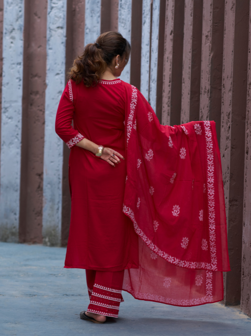Fashion Plus Store Women’s Rayon Kurta Printed Chikankari Motifs with Dupatta and Plazzo , Round Neck, 3/4 Sleeves (Red)
