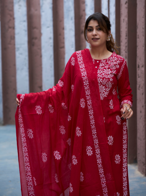 Fashion Plus Store Women’s Rayon Kurta Printed Chikankari Motifs with Dupatta and Plazzo , Round Neck, 3/4 Sleeves (Red)
