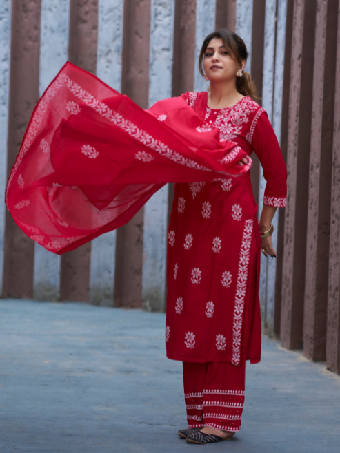 Fashion Plus Store Women’s Rayon Kurta Printed Chikankari Motifs with Dupatta and Plazzo , Round Neck, 3/4 Sleeves (Red)