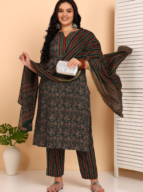 FASHION PLUS STORE Women's Cotton Floral Print Notch Neck With Gota Detailing 3/4th Sleeve Staright Kurta with Elastic Bottom and Duptta