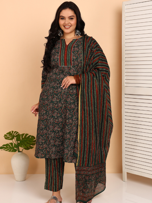 FASHION PLUS STORE Women's Cotton Floral Print Notch Neck With Gota Detailing 3/4th Sleeve Staright Kurta with Elastic Bottom and Duptta