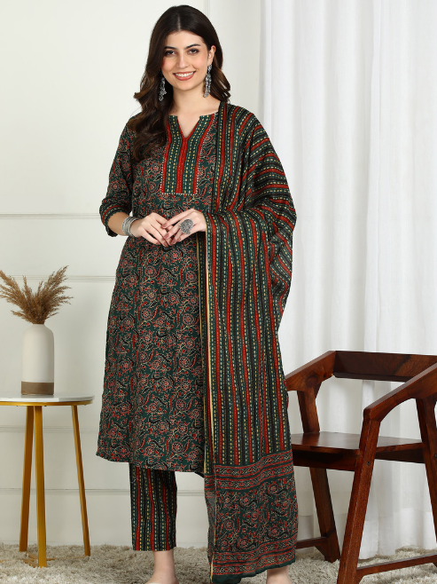 FASHION PLUS STORE Women's Cotton Floral Print Notch Neck With Gota Detailing 3/4th Sleeve Staright Kurta with Elastic Bottom and Duptta