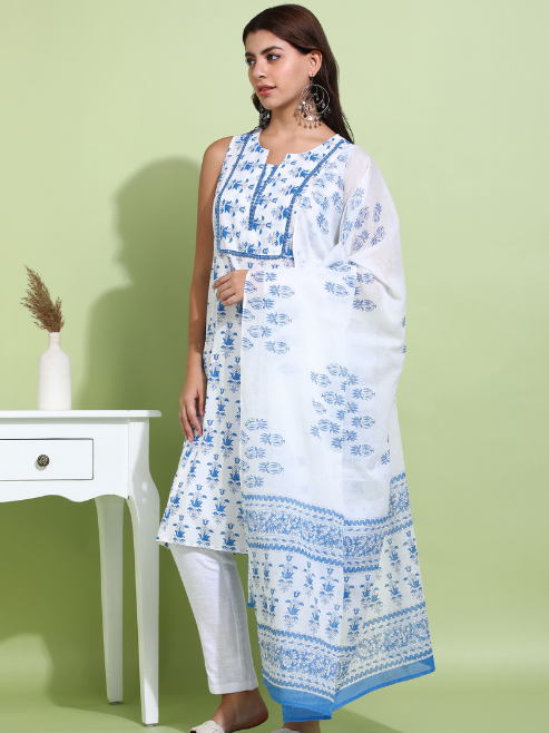 FASHION PLUS STORE Women’s Cotton Printed Sleeveless Straight Kurti with Pants and Dupatta (Blue)