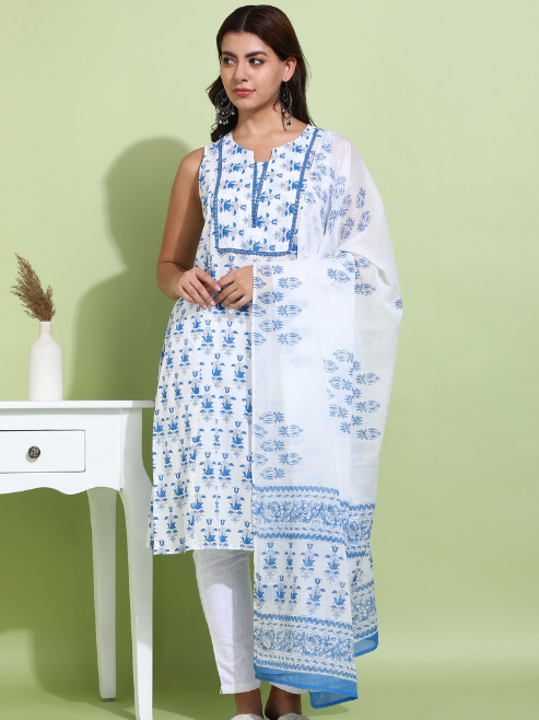 FASHION PLUS STORE Women’s Cotton Printed Sleeveless Straight Kurti with Pants and Dupatta (Blue)