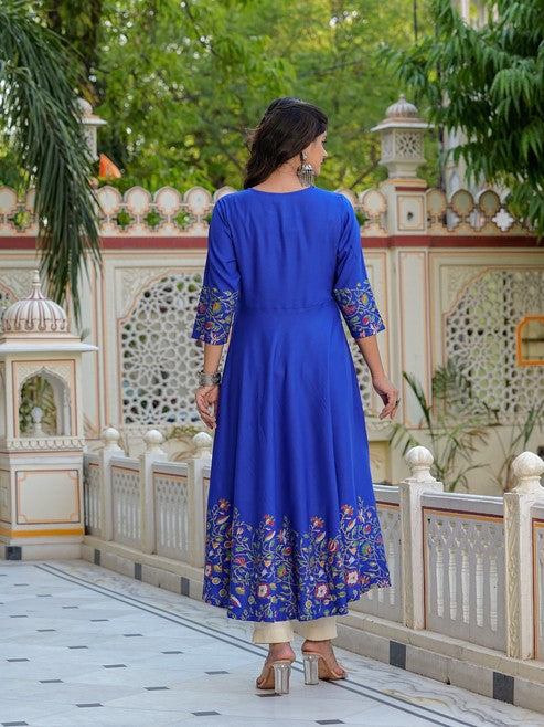 Rayon Floral Placement Printed Anarkali Kurti (Blue) & DUPTTA