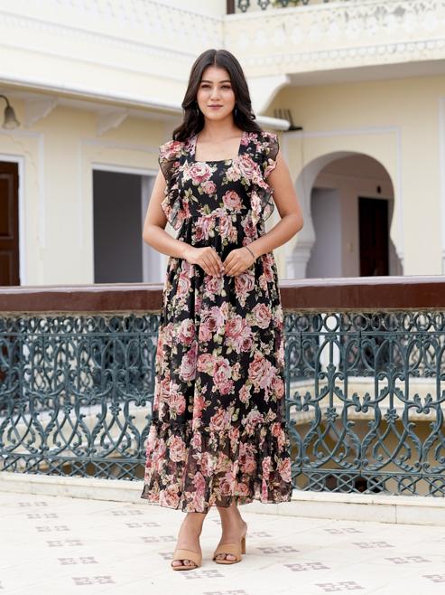 Chiffon Floral Printed Maxi Length Square Neck Sleeveless Summer Dress